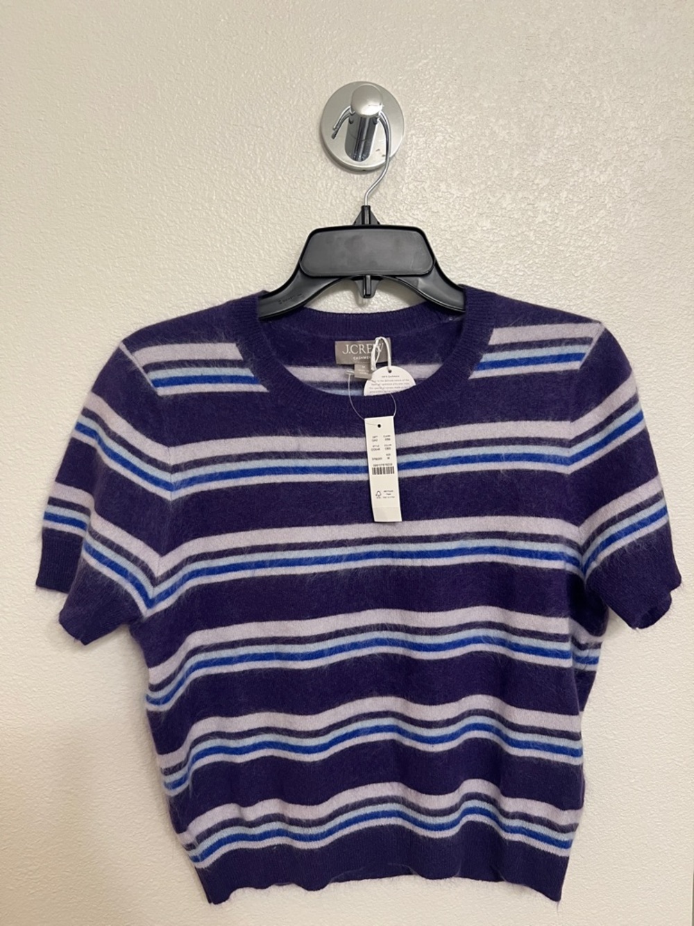 J. Crew Purple, Light Gray & Sky Blue Striped Short Sleeve Sweater